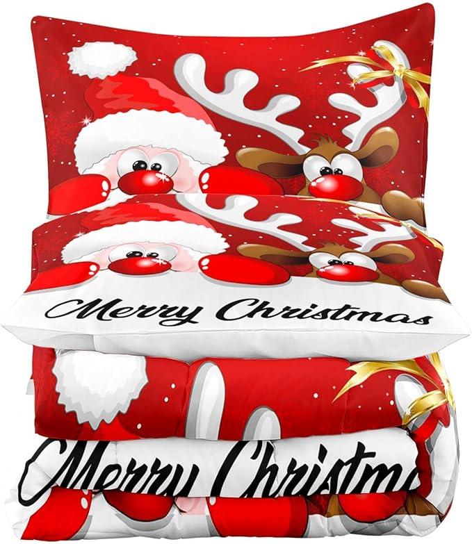 LUVIVIHOME 2PCS Merry Christmas Comforter Set - Twin Size, Funny Santa Claus Bedding, Reindeer Cute Christmas Bedroom Decor for Kids Boys Girls Teens, Xmas Gifts, 1 Pillow Case