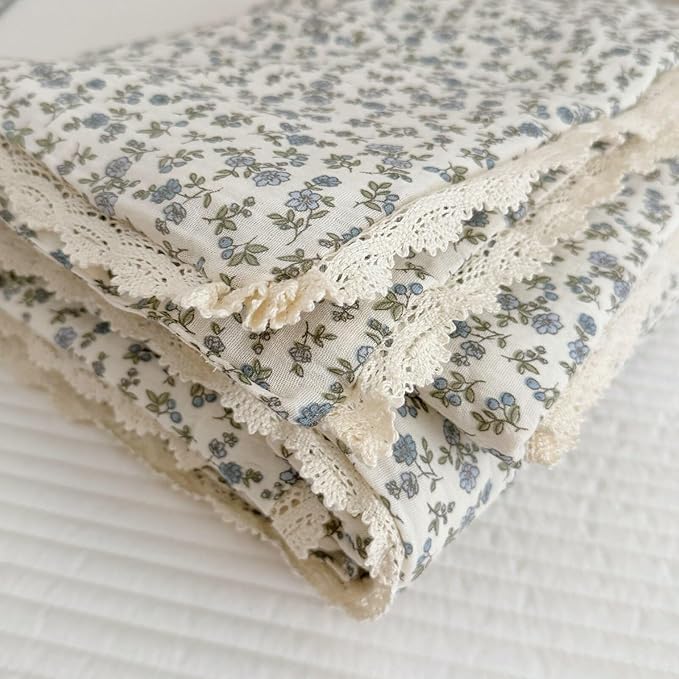 BuLuTu Cotton Muslin Toddler Blanket Blue Floral Print Kids Quilts for Crib Cot Soft Lightweight Boys Girls Comforter for All Seasons, Machine Washable, 47x59 Inches
