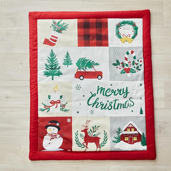 Christmas Red Crib Bedding Set 3 Pieces New Year Style Quilted Plaid Comforter with Fitted Sheet and Bed Skirt - Cute Snowman House Deer Red Gray Design Baby Crib Bed Set