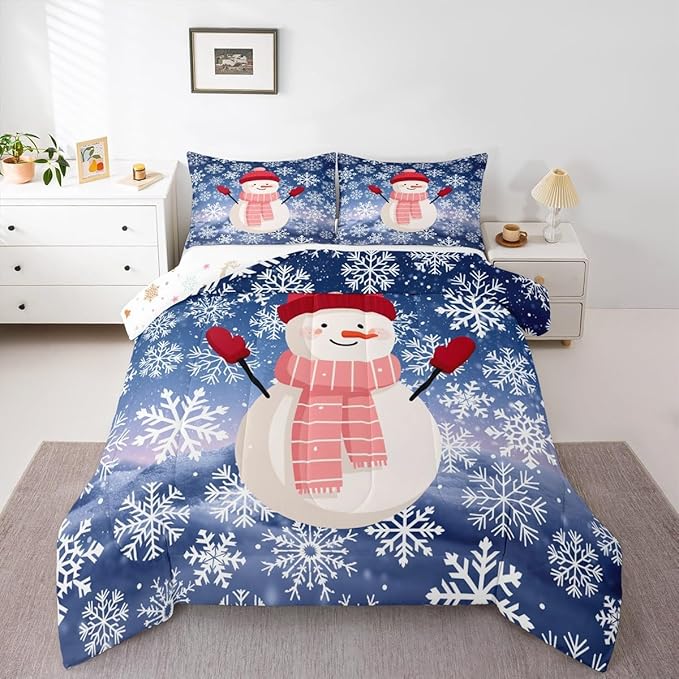 Feelyou Christmas Kids Comforter Set Toddler Size Snowman Purple Blue Gradient Bedding Set Xmas Snowflakes Duvet Quilt for Kids Boys Girls Bedroom Winter Snow Decor Microfiber Ultra Soft Breathable