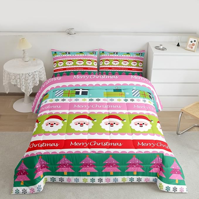 Feelyou Merry Christmas Comforter Set Queen Size Santa Claus Bedding Set for Kids Boys Girls Xmas Tree Snowflake Duvet Quilt Striped Bedroom Decor Microfiber 3 Pcs with 2 Pillow Cases