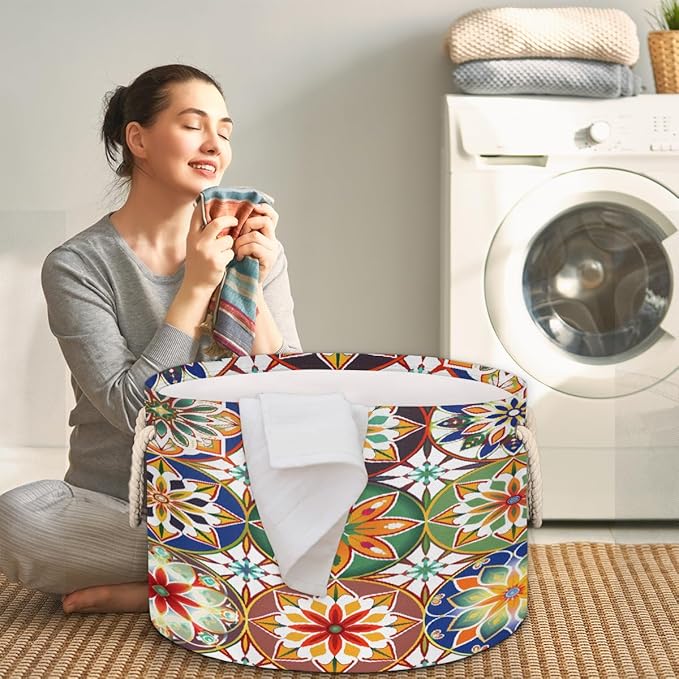 Colorful Geometric Mandala Round Storage Basket for Laundry & Toys, Lightweight Fabric Laundry Hamper with Handles, Foldable Large Organizer Bin for Bedroom Bathroom Nursery Dorm