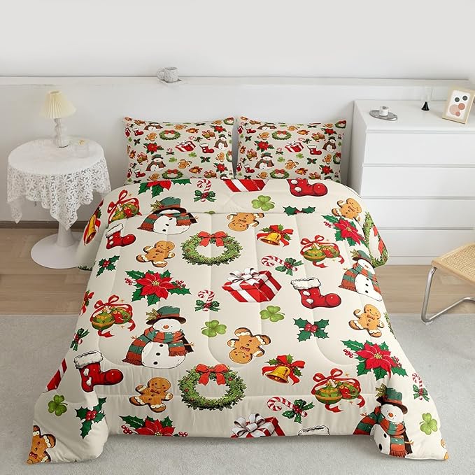 jejeloiu Merry Christmas Comforter Set Full Size Cute Snowman Bedding Set for Kids Boys Girls Gingerbread Man Duvet Quilt Beige Bedroom