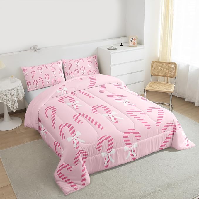 Feelyou Merry Christmas Comforter Set Toddler Size Pink Candy Cane Bedding Set for Kids Boys Girls Bow Duvet Quilt Bedroom Decor Microfiber 2 Pcs with 1 Pillow Cases