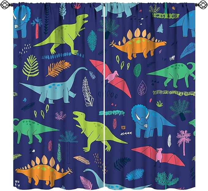 Dinosaurs Blackout Curtains Cute Cartoon Animals Dino Tropical Plant Colorful Art Print for Kids Boys Bedroom Living Room Rod Pocket Decoration Window Drapes 2 Panels W42xL84in