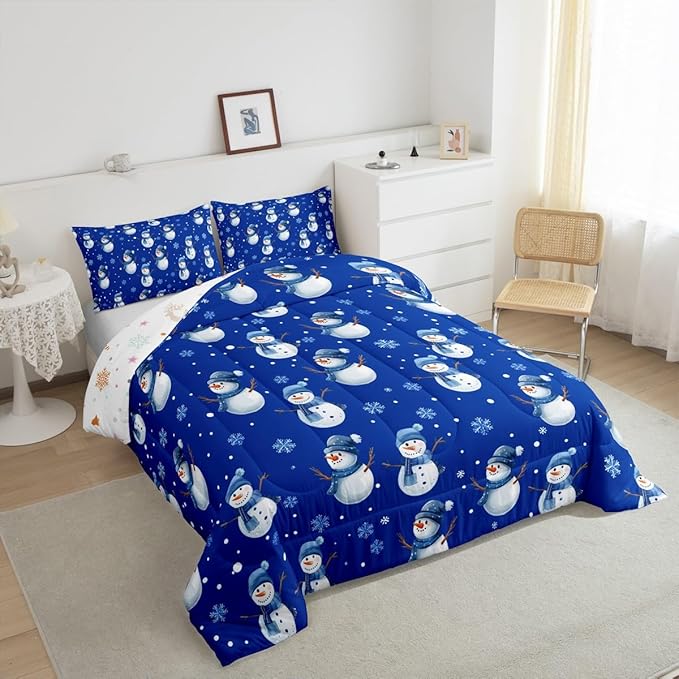 jejeloiu Kids Cute Winter Snowman Comforter Set Queen Size Blue Christmas Theme Bedding Set for Boys Girls Teens Xmas Snowflake Happy New Year Duvet Quilt Room Decor