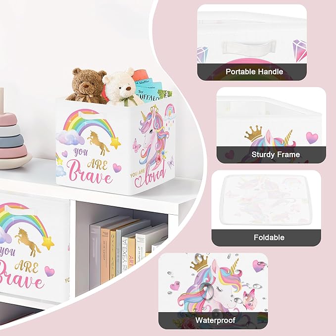 Clastyle Pink Unicorn Rainbow Kid Storage Basket Set Foldable Closet Clothes Organizer Nursery Toddler Toy Bin Girl Book Shelf Basket, Diamond, 11.8x11.8x11.8 in