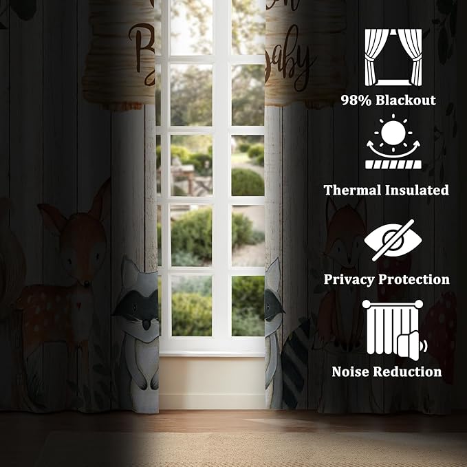 Renaiss 52 x 84 Inch African Safari Baby Curtains Grommet Blackout Window Curtain Planks Animals Tropical Tree Stump Fox Squirrel Mushrooms Print Window Treatment for Kids Boys Bedroom Decor 2 Panels