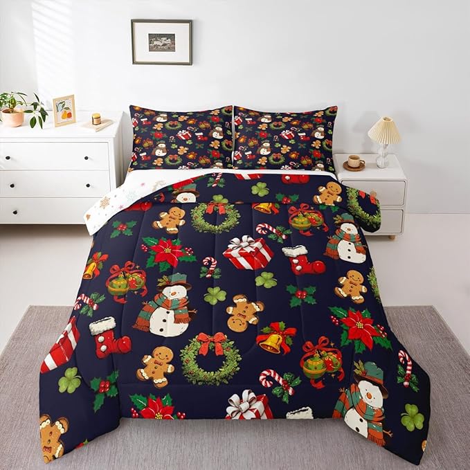 jejeloiu Merry Christmas Comforter Set King Size Cute Snowman Bedding Set for Kids Boys Girls Gingerbread Man Duvet Quilt Dark Blue Bedroom Decor