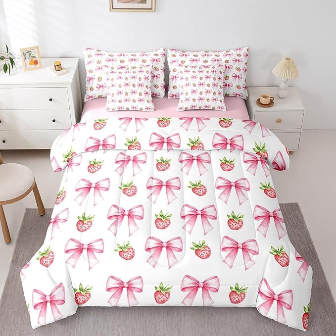 7 Pieces Pink Bowknot Kids Comforter King,Strawberry Summer Fruit Toddler Bedding Set,Bow Tie Butterfly Knot Princess Cartoon Cute（Comforter+Fitted+Flat Sheet+2 Pillowcases+2 Throw Pillow Covers）