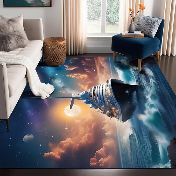 5' x 7' Nautical Ship Rug for Kids Room Galaxy Ferry Boat Rugs for Boys Bedroom Ocean Cloud Carpet Sun Planet Printed Throw Rugs for Teens Living Room,150x210cm