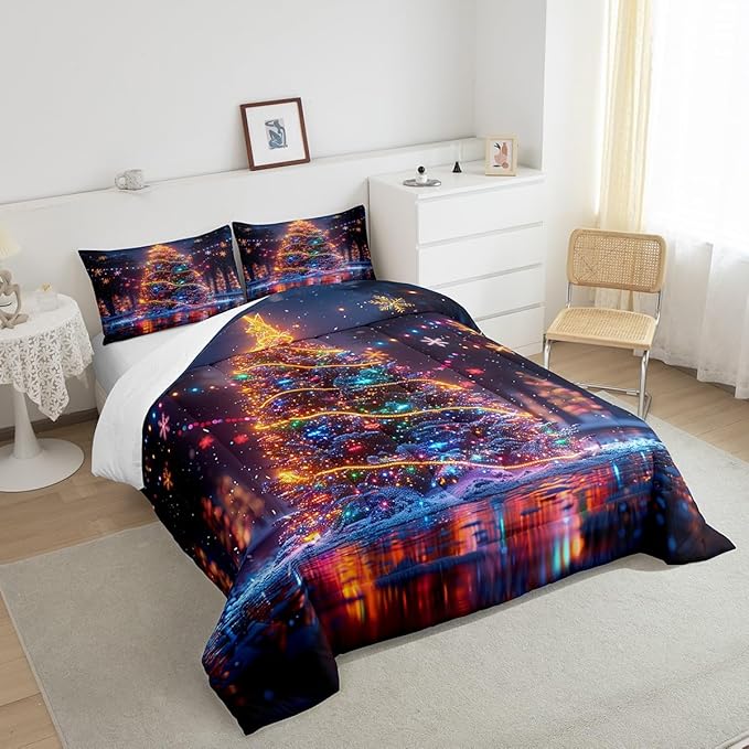 3D Christmas Tree Comforter Set Twin Size,Snowflake Glitter Polka Dot Bedding Set for Kids Boys Girls Room Decor,Merry Christmas Quilt Set 2Pcs,Xmas Neon Style Fashion Duvet Insert,1 Pillowcase