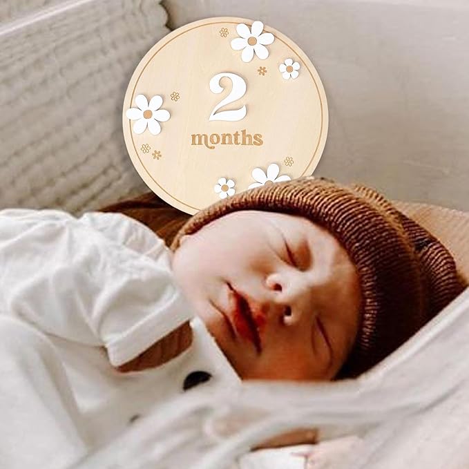 Wooden Baby Month Board - Round milestones Sign Set, Natural Grain Texture, laserr Engraved Letters, Eco Friendly Material | Adorable Monthly Wooden plaques for Baby Memory Nursery Decor