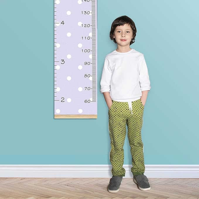 Personalized Kids Name Growth Chart Ruler for Wall Wood Frame Height Measure Chart 13.4x56 in Linen Hanging Height Growth Chart Polka Dot Purple Background Kids Room Decor