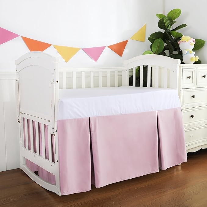 Crib Skirt Dust Ruffle, 100% Egyptian Cotton 400 Thread Count Soft Breathable Crib Bedding Skirt for Baby, Boys and Girls, 52"X28" with 14" Crib Bed Skirt Fading Resistant (Pink Solid)