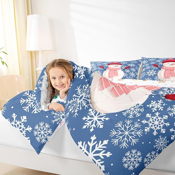 Feelyou Christmas Comforter Set King Size Snowman Blue Bedding Set for Kids Boys Girls Xmas Snowflakes Duvet Quilt Winter Snow Bedroom Decor Microfiber 3 Pcs with 2 Pillow Cases