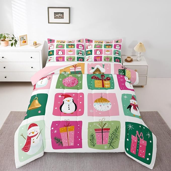 Feelyou Happy New Year Bedding Set Soft for Boys Girls, Christmas Decor Comforter Set Queen Size Merry Christmas Duvet Quilt Microfiber Winter Penguin Bedroom Decor 3 Pcs with 2 Pillow Cases