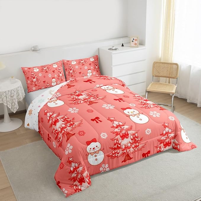 Feelyou Merry Christmas Kids Comforter Set Full Size Cute Snowman Bedding Set Cartoon Bowknot Duvet Quilt for Kids Boys Girls Bedroom Christmas Tree Decor Microfiber Ultra Soft Breathable
