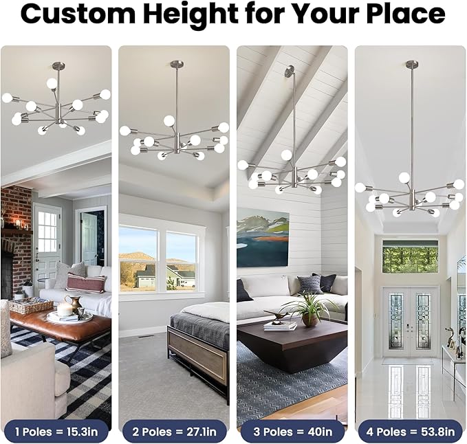 Modern Sputnik Chandeliers Light, 12 Lights Brushed Nickel Dining Room Chandelier Over Table, Height Adjustable Industrial Semi Flush Mount Mid Century Chandelier for Kitchen Island Living Room