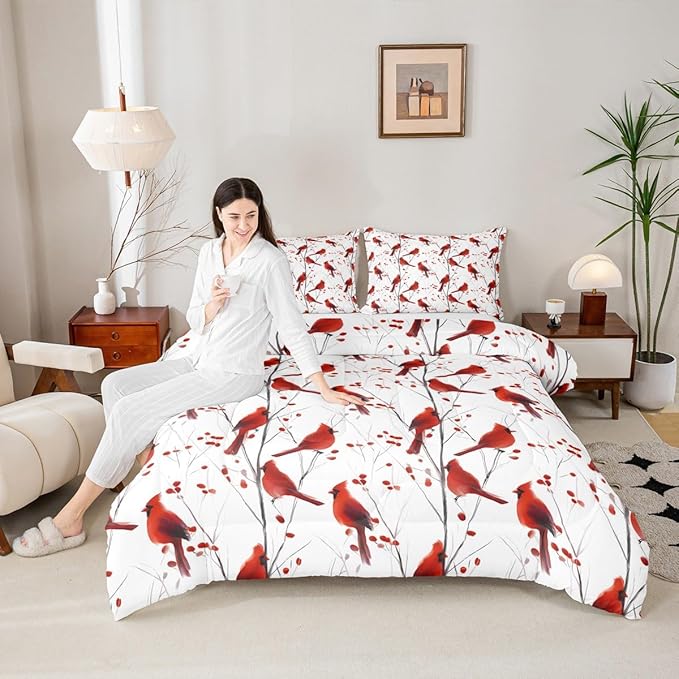 Feelyou Berries and Cardinals Pattern Comforter Set All Season Red Cardinal Bedding Set with 2 Pillow Cases Christmas Kids King Bedclothes Bird Print Decor Animal Decor Duvet Quilt Soft Lightweight