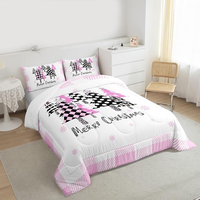 Manfei Xmas Trees Comforter Set King Size, Pink Plaid Grid Snowflake Down Comforter with 2 Pillowcases, Christmas Theme Bedding Set 3pcs for Kids Girls Adults Room Decor New Year Duvet Insert