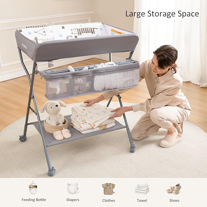 Baby Changing Table with Wheels, Maydolly Portable Adjustable Height Folding Diaper Station with Nursery Organizer & Storage Rack for Newborn Baby and Infant (Light Grey)