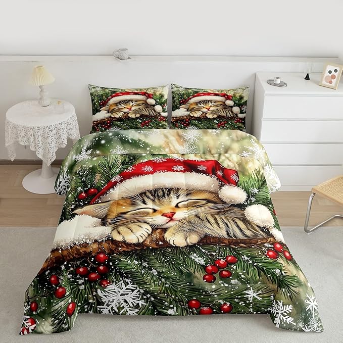 Xmas Cat Comforter Set King Size,Snowflake Holly Berries Winter Kids Bedding Set,Merry Christmas Poinsettia Animal Quilt Comforter,Green Yellow Duvet Insert,2 Pillowcases