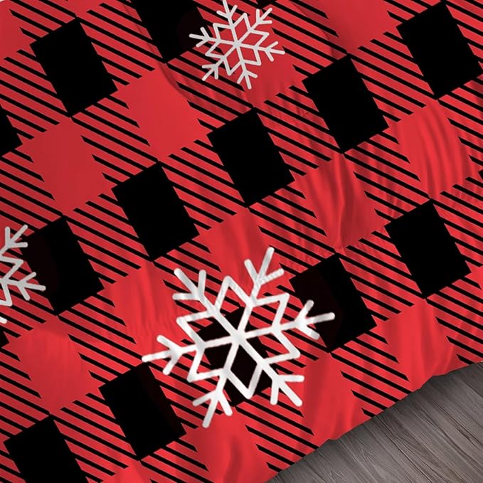 Christmas Comforter Set Full Size Black and Red Plaid Bedding Sets Xmas Gift Christmas Themed Festival Winter Snow Quilt Set,1 Comforter + 2 Pillow Cases