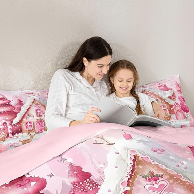 jejeloiu Kids Christmas Theme Comforter Set Toddler Pink Xmas Candy Cane House Bedding Set for Boys Girls Teens Cute Cartoon Deer Winter Animal Happy New Year Duvet Quilt Room Decor