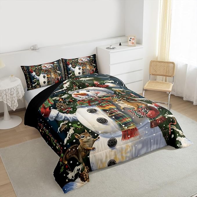 Feelyou Christmas Kids Comforter Set Full Size Snowman Squirrel Bedding Set Snowflake Gift Duvet Quilt for Kids Boys Girls Bedroom Branch Berry Decor Microfiber Ultra Soft Breathable