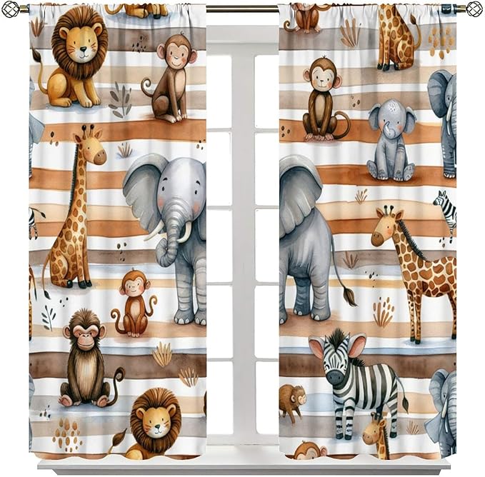 Kids Animal Curtains Elephants Giraffes Monkeys Lions Zebras Window Treatment for Kids Boys Girls Nursery Baby Bedroom Playroom Home Decor Window Drapes 52" W X 84" L