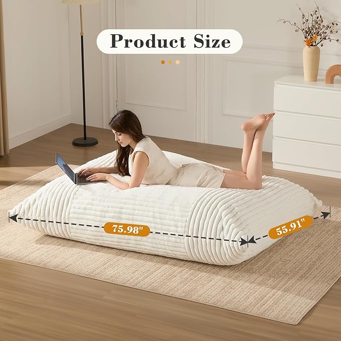 3-in-1 Giant Bean Bag Chair for Adults & Kids, Convertible Floor Sofa to Mattress, High-Density Foam Chair Bed with Washable Cover, Multi Functional Lounge Couch for Bedroom, Living Room (Beige)