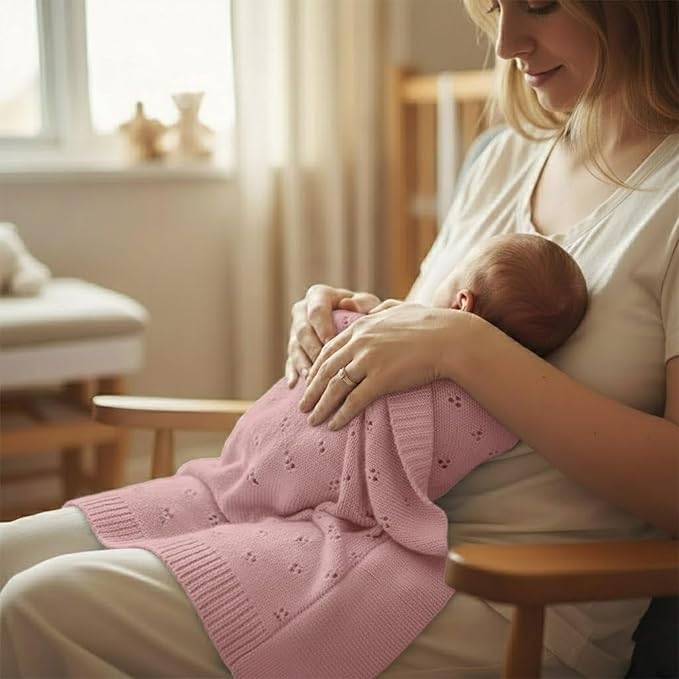Baby Knit Blanket, 100% Cotton Eyelet Patterns, Soft, Cozy, Lightweight Swaddle for Newborn & Infant Swaddling Beige Neutral, Perfect Baby Shower Ideas Pink 30x30