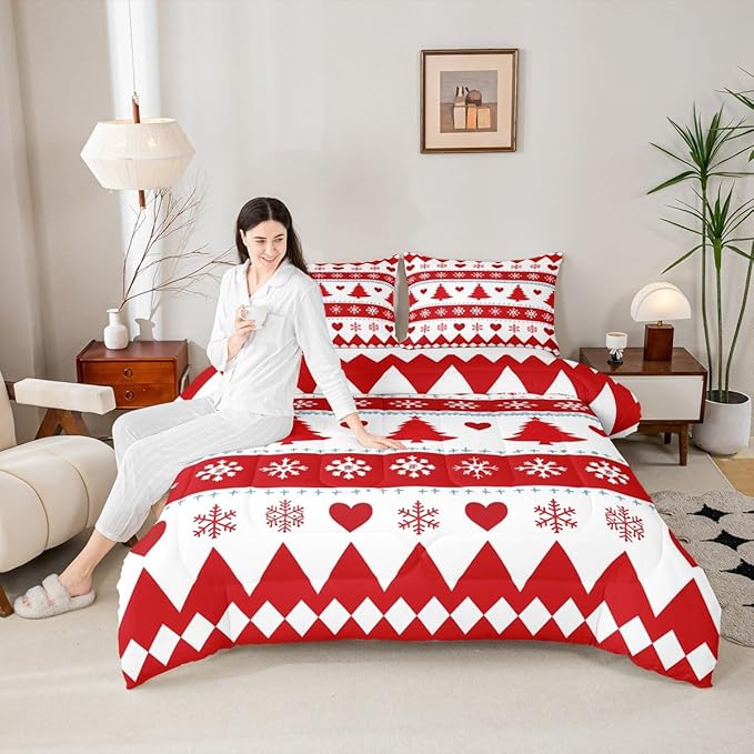 Feelyou Christmas Comforter Set Twin Size Xmas Tree Bedding Set for Kids Boys Girls Snowflake Heart Duvet Quilt Geometric Bedroom Decor Microfiber 2 Pcs with 1 Pillow Cases