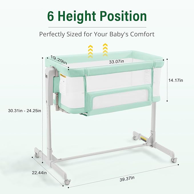 Baby Bassinet Bedside Sleeper 3-in-1, Easy Night Feeding with One-Side Fold & Rolling Wheels, Breathable Mesh, 6-Height Adjustable, Soft Mattress for Newborns