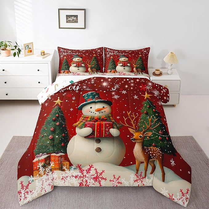 Manfei Merry Xmas Comforter Set Toddler Size,Cute Deer Snownman Bedding Set Kids Girls Adult Room Decor,Christmas Tree Gift Down Comforter Soft Duvet Insert,1 Pillowcase