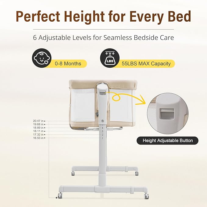 Baby Bassinet Bedside Sleeper 3-in-1, Easy Night Feeding with One-Side Fold & Rolling Wheels, Breathable Mesh, 6-Height Adjustable, Soft Mattress for Newborns