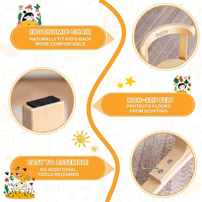 Swegrow Wooden Kids Chair, Toddler Chair for Table, Kids Stackable Chairs, Kid Wooden Furniture for Family/Playroom/Classroom（Set of 4-Natural Wood）