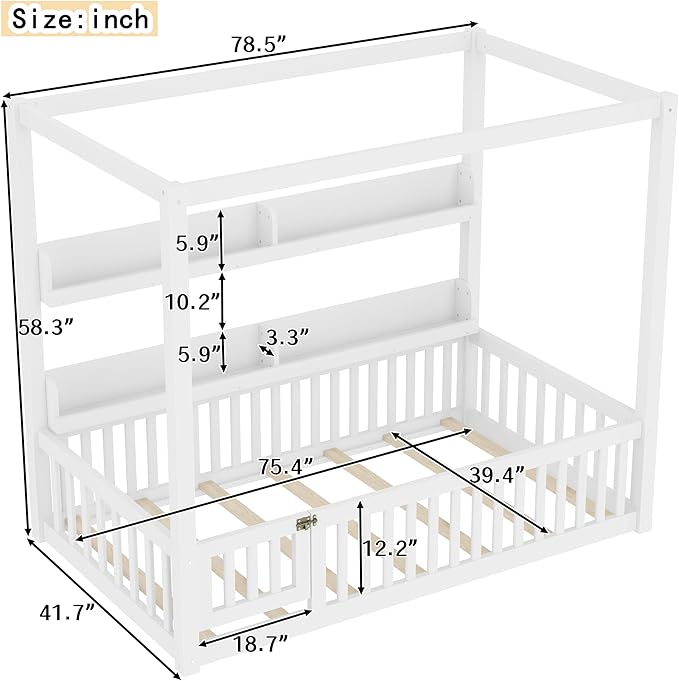 Bellemave Twin Canopy Bed with Rails and Slats,Wooden Floor Bed with Bookcase and 4 Poster Design,Montessori Floor Bed Frame,No Spring Box Needed（Twin,White）