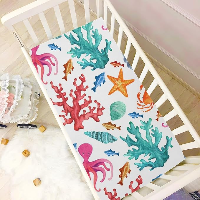 Colorful Ocean Animal Crib Sheets for Boys Girls Pack N Play Sheet Soft Breathable Mini Crib Sheets 39" x 27"