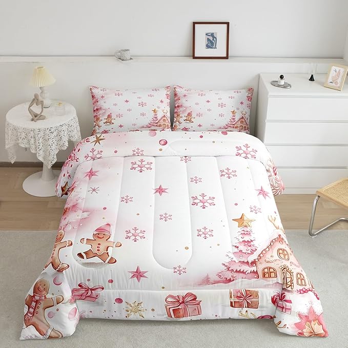jejeloiu Kids Christmas Theme Comforter Set King Size Pink Xmas Gingerbread Man Bedding Set for Boys Girls Teens Candy House Snowflake Winter Happy New Year Duvet Quilt Room Decor