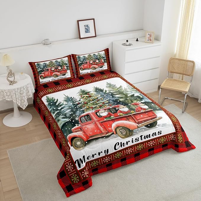 Merry Christmas Comforter Set Twin Size,Retro Red Truck Christmas Tree Bedding Set for Kids Boys Girls Room Decor,Gnome Snowflake Xmas Quilt Set 2Pcs,Black Red Plaid Duvet Insert,1 Pillowcase