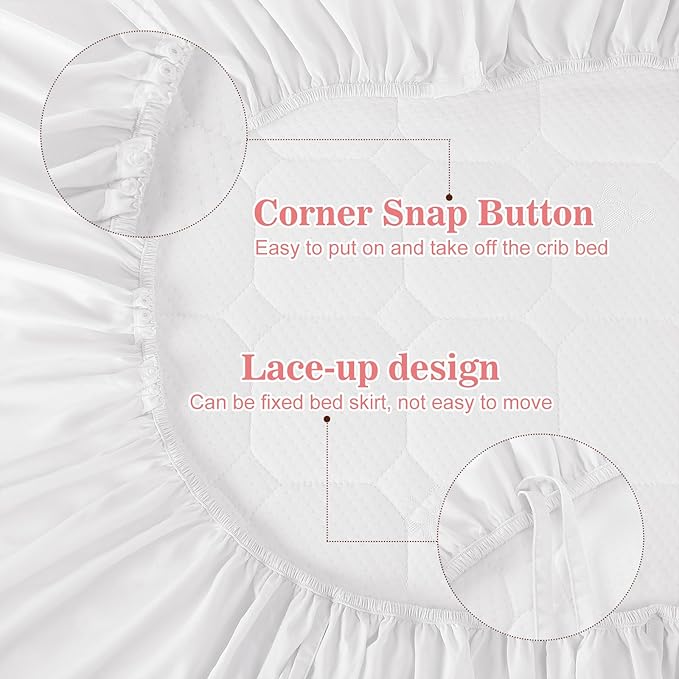 White Crib Bed Skirts with 4 Large Cot Bow 28" x 52" Baby Crib Skirt for Boys Girls Nursery Toddler Bedskirt Dust Ruffle 14" Drop(Ruffle)