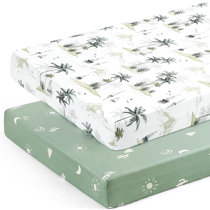 Pack n Play Sheets Fitted 2 Pack, Stretchy Ultra Soft Jersey Knit Pack and Play Sheets, Universal Fitted Portable/Mini Crib Mattresses Snug and Safe, Cute Sunny Holiday Print