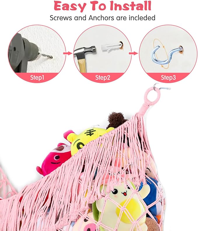 Stuffed Animal Hammock - Extra Large 56'' Long, Stuffed Animal Storage, stuffed animal Holder net, Toy Hammock Large, Toy Storage Hanging Organizer - Light pink