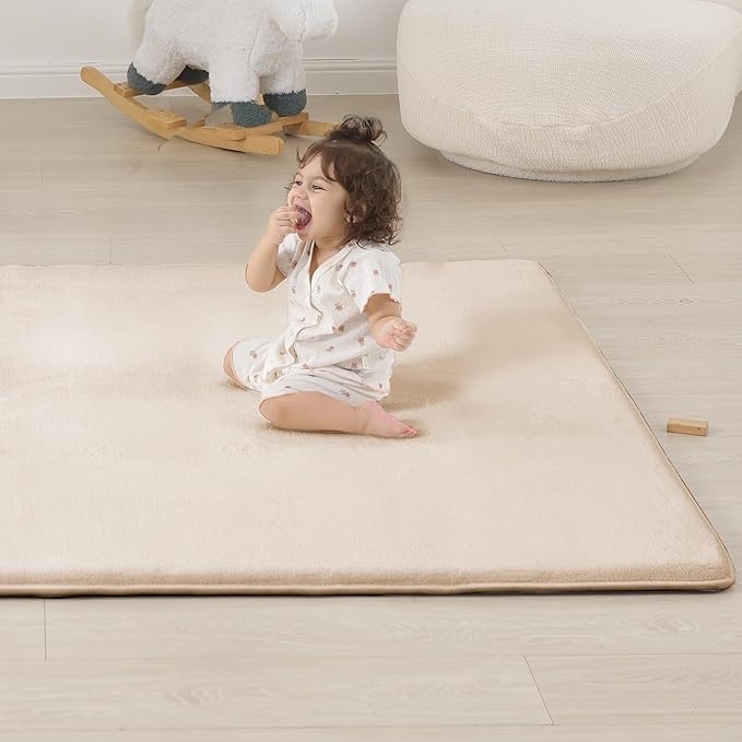 1.3" Thick Baby Bedside Floor Mat for Bedroom, Basic Padded Foam Soft Plush 28x72 Runner Rug with Non Slip Cushioned for Nursery Playroom (Beige)