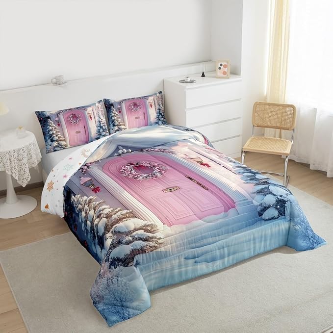 Feelyou Merry Christmas Kids Comforter Set Toddler Size Winter Snowscape Bedding Set Pink Door Duvet Quilt for Kids Boys Girls Bedroom Garland Xmas Tree Decor Microfiber Ultra Soft Breathable