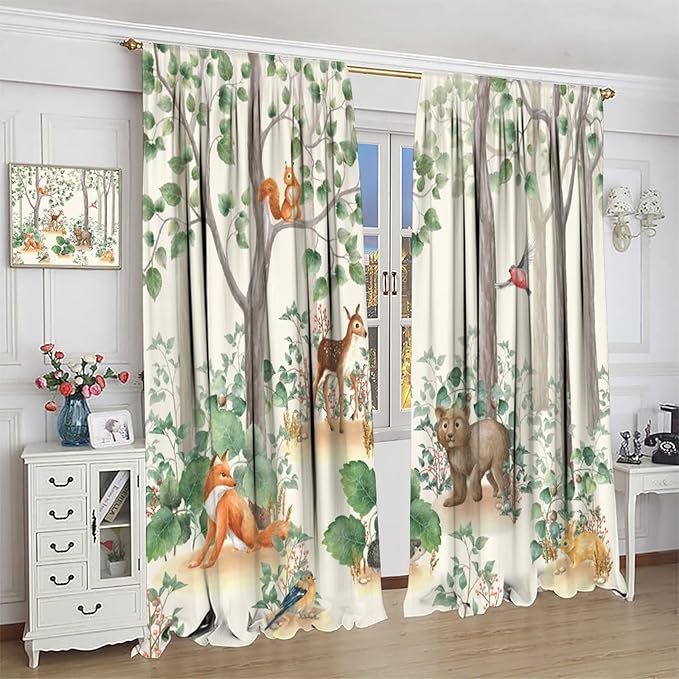Forest Animal Curtains,Fox Elk Bird Animal Watercolor Woodland Print Curtains Kids Nursery Bedroom Living Room Home Decoration 63x63in