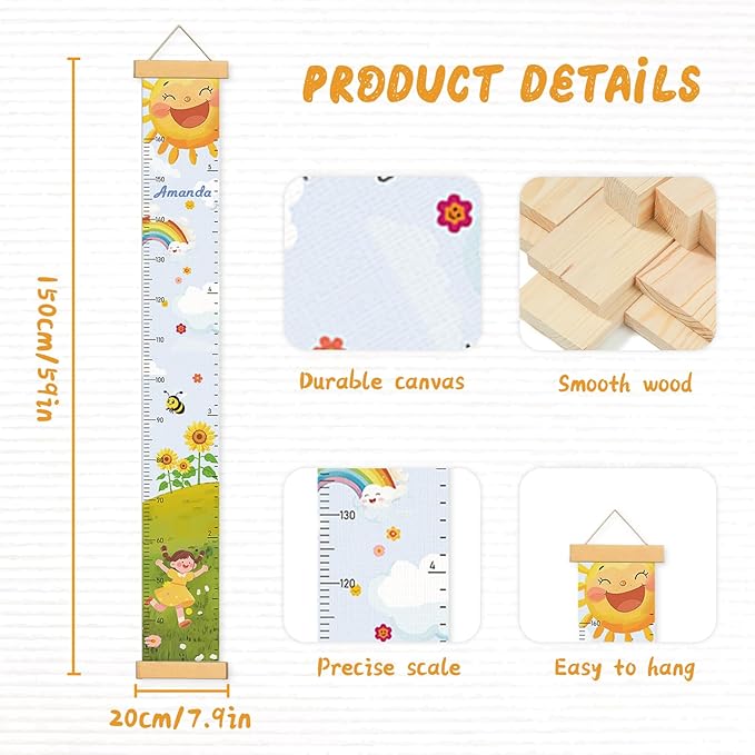 Personalized Name Growth Chart Wall Decor for Kids – Canvas Removable Height Chart Measuring Ruler 59" x 7.9" (Sun Sunflower)