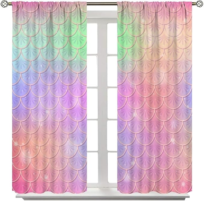Mermaid Curtains, Kids Cartoon Watercolor Sea Animals Mermaid Princess Scales Pattern Print Living Room Decoration for Kids Girls Bedroom Nursery 63x72 Inch